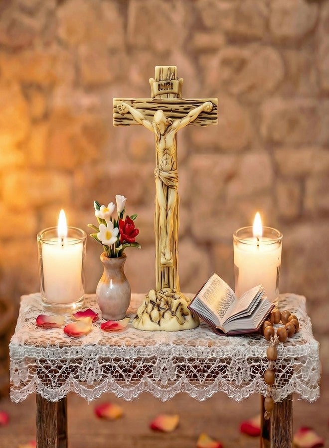 Qunclay 50 Pcs Little Jesus Crucifix Standing Cross 1.97 Inch Resin Mini Jesus Figures Bulk, Catholic INRI Cross Decor for First Communion, Easter, Church Altar & Christian Home Tabletop(Light Brown) - Image 4