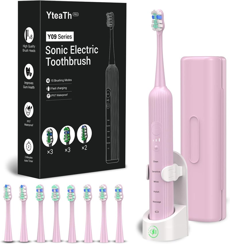 YTEATH PRO Electric Toothbrush, Sonic Toothbrush for Adults and Children, Electric Toothbrush with 5 Cleaning Modes, 3 Intensity Levels, Integrated Timer and 8 Toothbrush Heads, Travel Case, Pink - Image 1