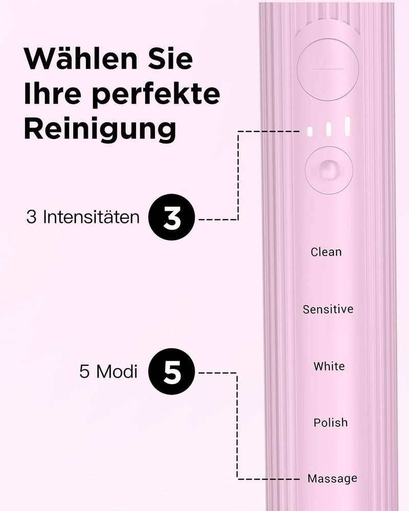 YTEATH PRO Electric Toothbrush, Sonic Toothbrush for Adults and Children, Electric Toothbrush with 5 Cleaning Modes, 3 Intensity Levels, Integrated Timer and 8 Toothbrush Heads, Travel Case, Pink - Image 2