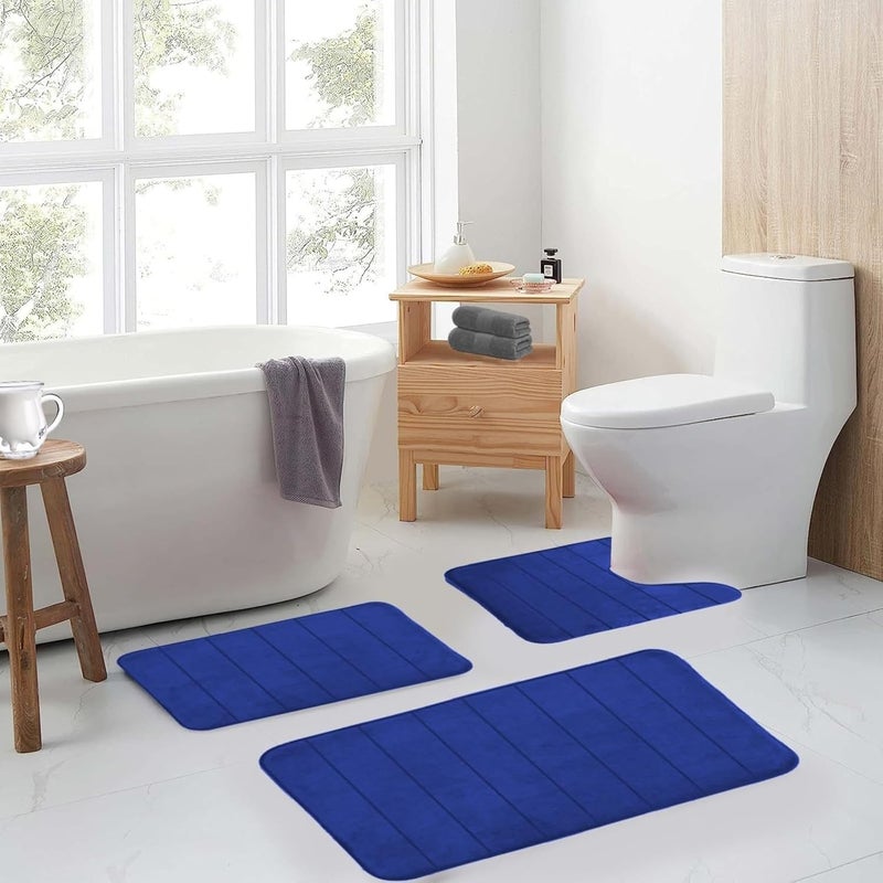 3-Piece Memory Foam Bath Mat Set - Ultra Soft, Non-Slip & Absorbent for Bathroom, Tub & Shower (Blue) - Image 2