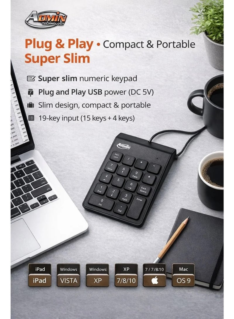 ADMIN TECHNOLOGY Mini USB ADMIN numeric keypad – Slim design, 18 buttons - Image 3