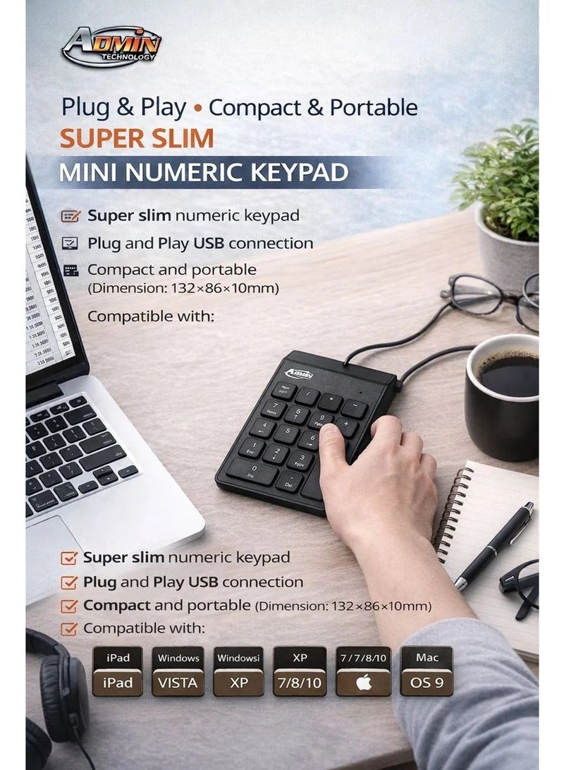 ADMIN TECHNOLOGY Mini USB ADMIN numeric keypad – Slim design, 18 buttons - Image 1