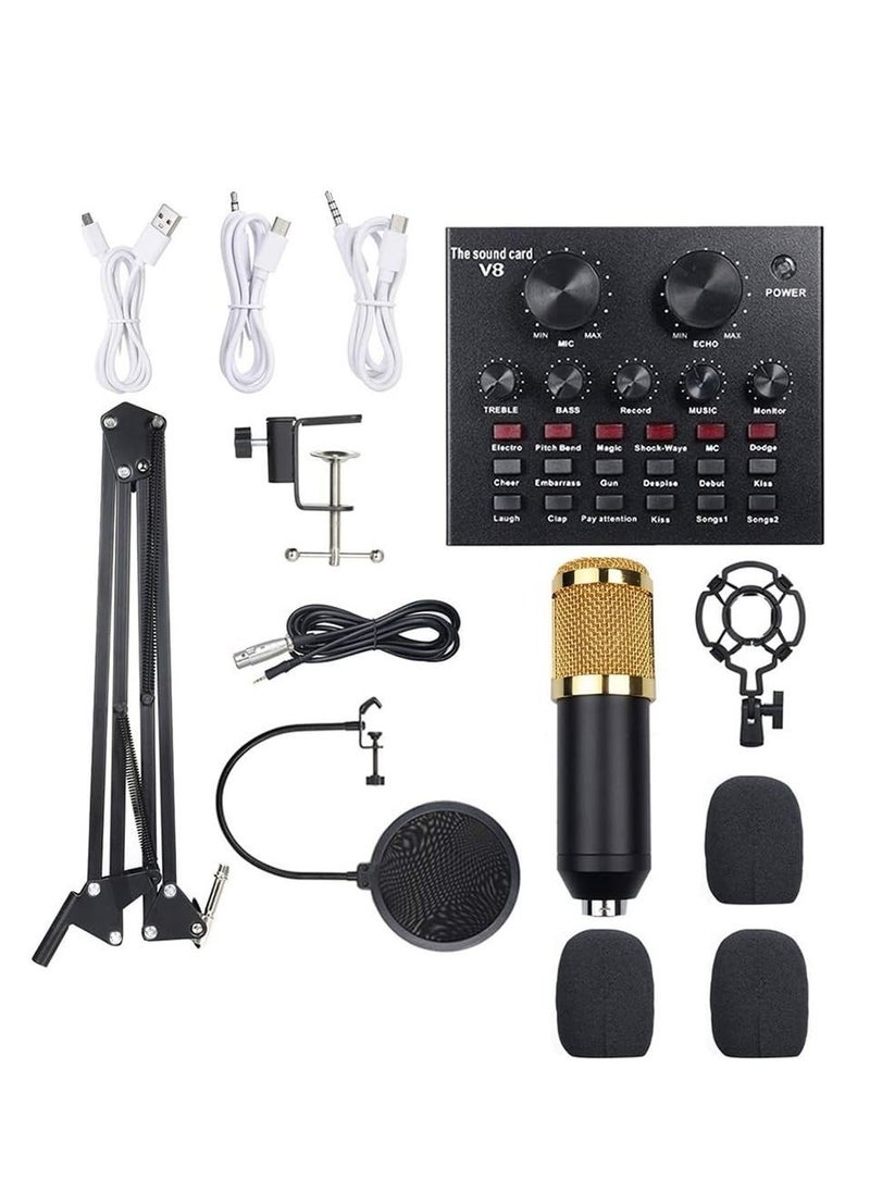 Generic Multi-functional Live Sound Card + Microphone Kit Suspension Transmission Recording Condenser Microphone Set  - Image 1