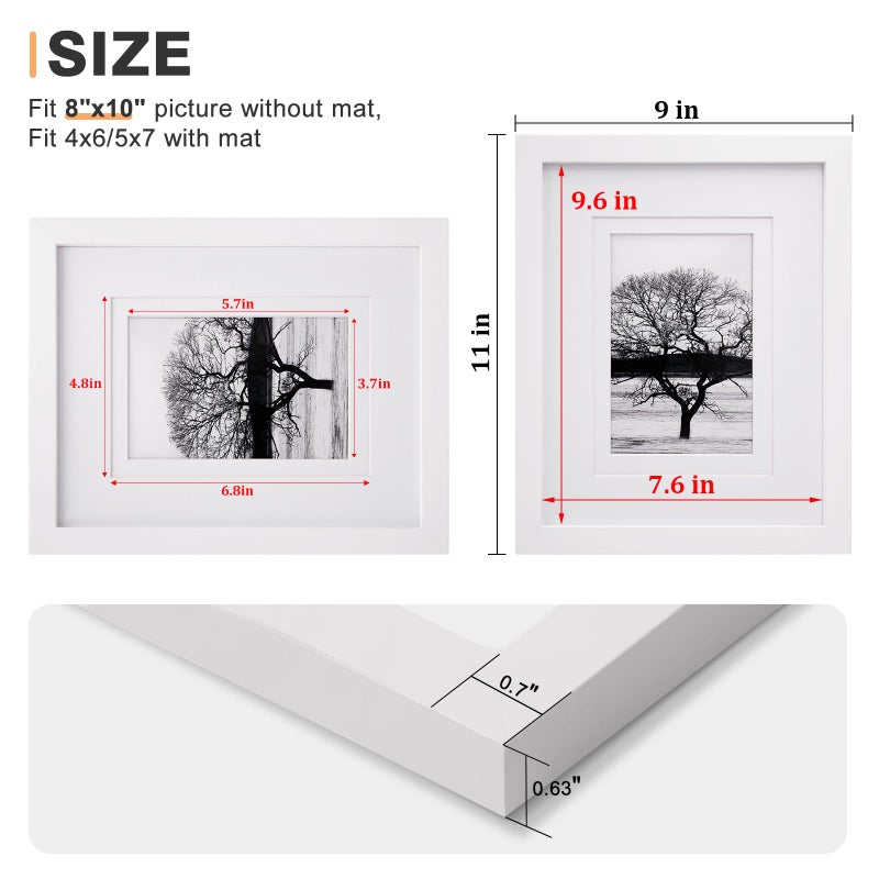 Egofine 8x10 Picture Frame Made of Solid Wood Covered by Plexiglass, Display Pictures 4x6/5x7 with Mat or 8x10 Without Mat for Table Top Display and Wall Mounting Photo Frame, White - Image 3