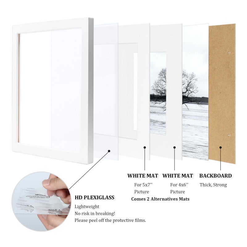 Egofine 8x10 Picture Frame Made of Solid Wood Covered by Plexiglass, Display Pictures 4x6/5x7 with Mat or 8x10 Without Mat for Table Top Display and Wall Mounting Photo Frame, White - Image 4