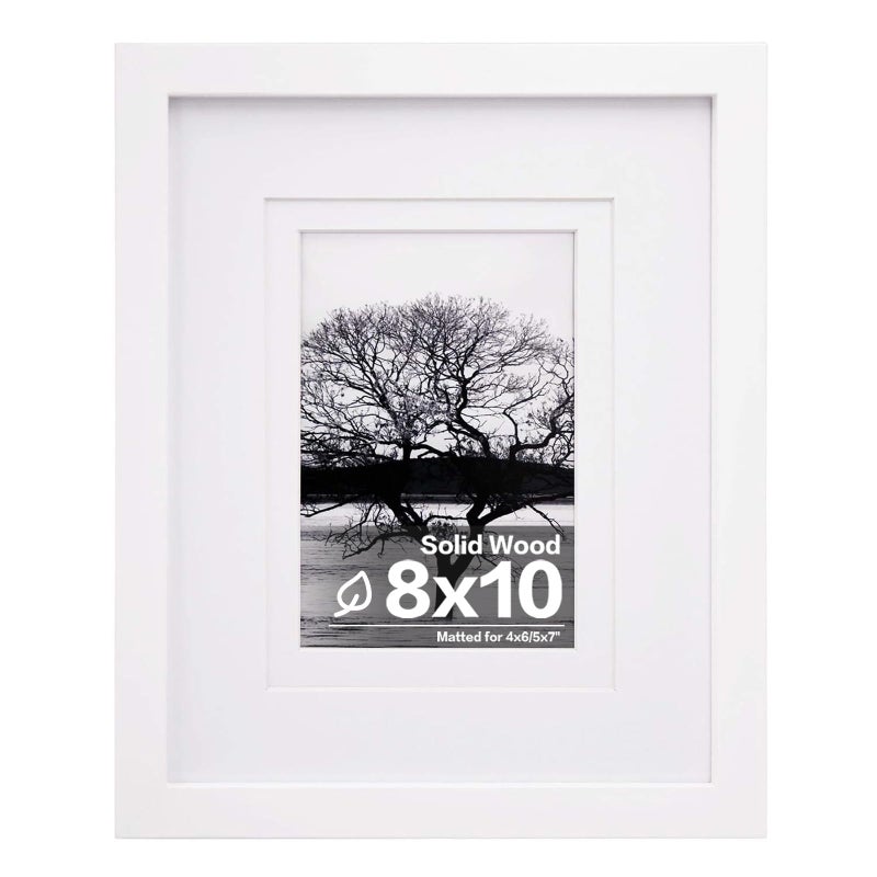 Egofine 8x10 Picture Frame Made of Solid Wood Covered by Plexiglass, Display Pictures 4x6/5x7 with Mat or 8x10 Without Mat for Table Top Display and Wall Mounting Photo Frame, White - Image 1