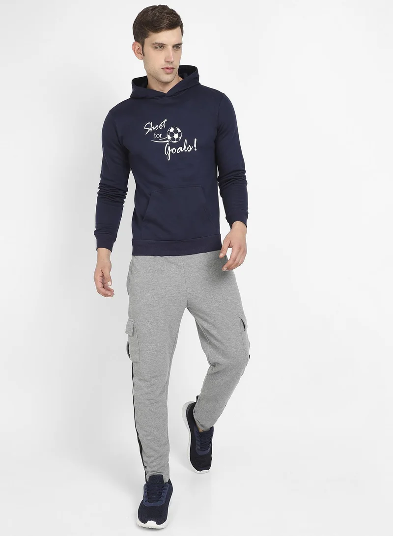 Campus Sutra Men's Navy Blue Shoot For Goals Hoodie With Kangaroo Pocket