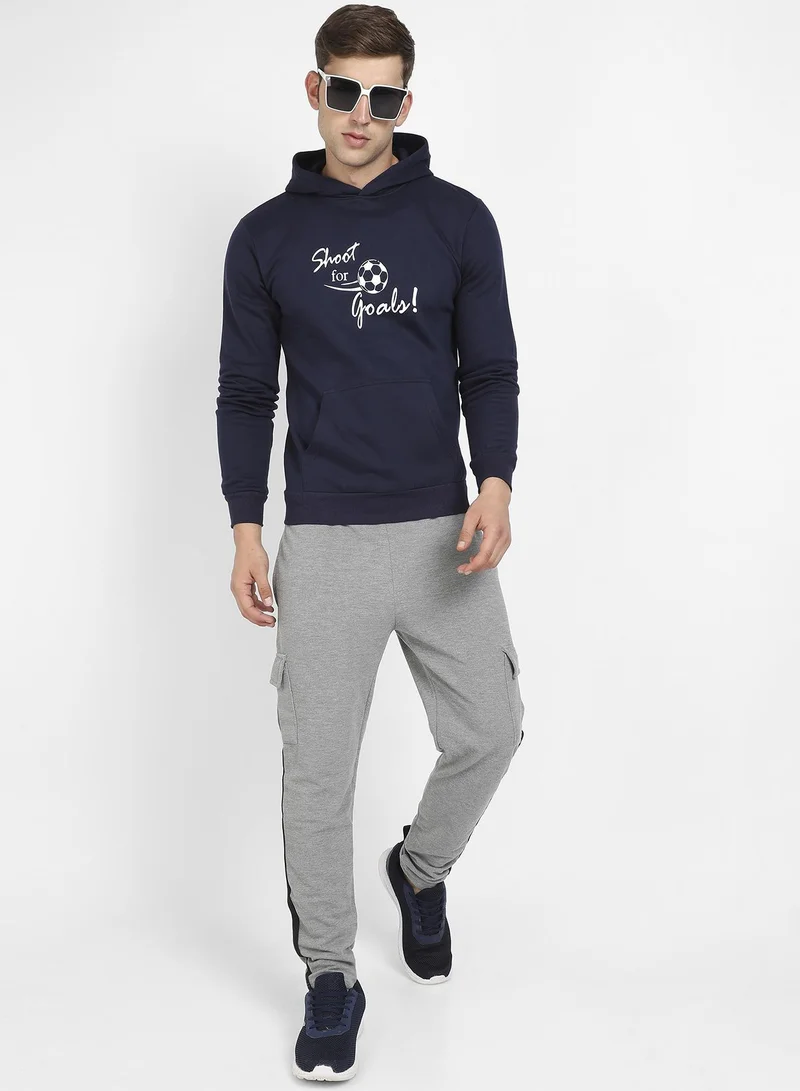 Campus Sutra Men's Navy Blue Shoot For Goals Hoodie With Kangaroo Pocket