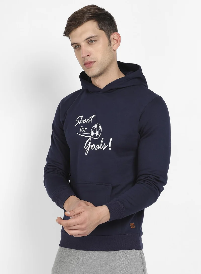Campus Sutra Men's Navy Blue Shoot For Goals Hoodie With Kangaroo Pocket