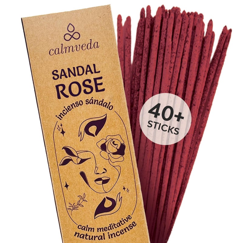 Calmveda Sandal Rose Incense Sticks Natural - for Meditation Incense (40+ Sticks) Clean Charcoal Free Made from Upcycled Flowers | Sweet Woody Sandalwood Incense for Calming (Incienso De Rosas) - Image 1