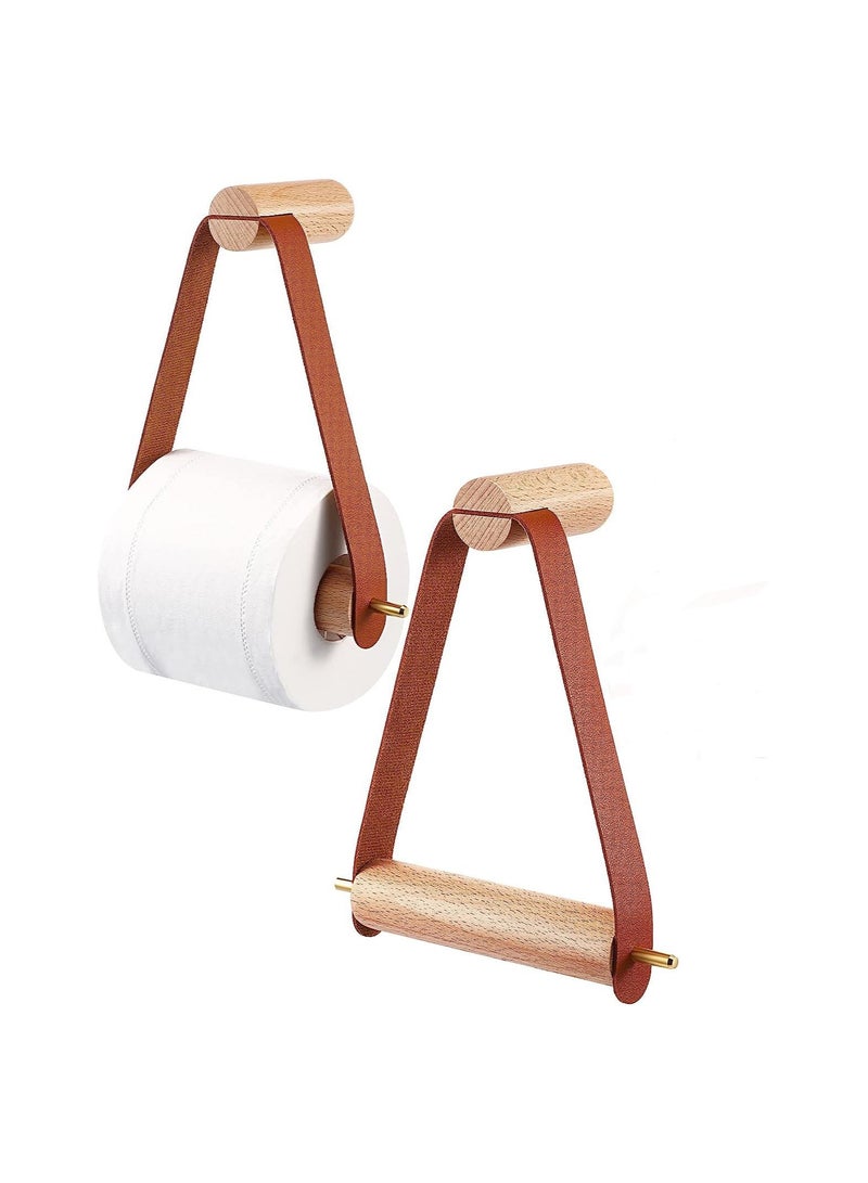 SOLARAE Wood & Leather Wall Toilet Paper Holder, Vintage Design Rustic Tissue Rolls Paper Holder with Self Adhesive, Graceful and Natural Bathroom Accessories, 1 Pcs (Brown) - Image 1