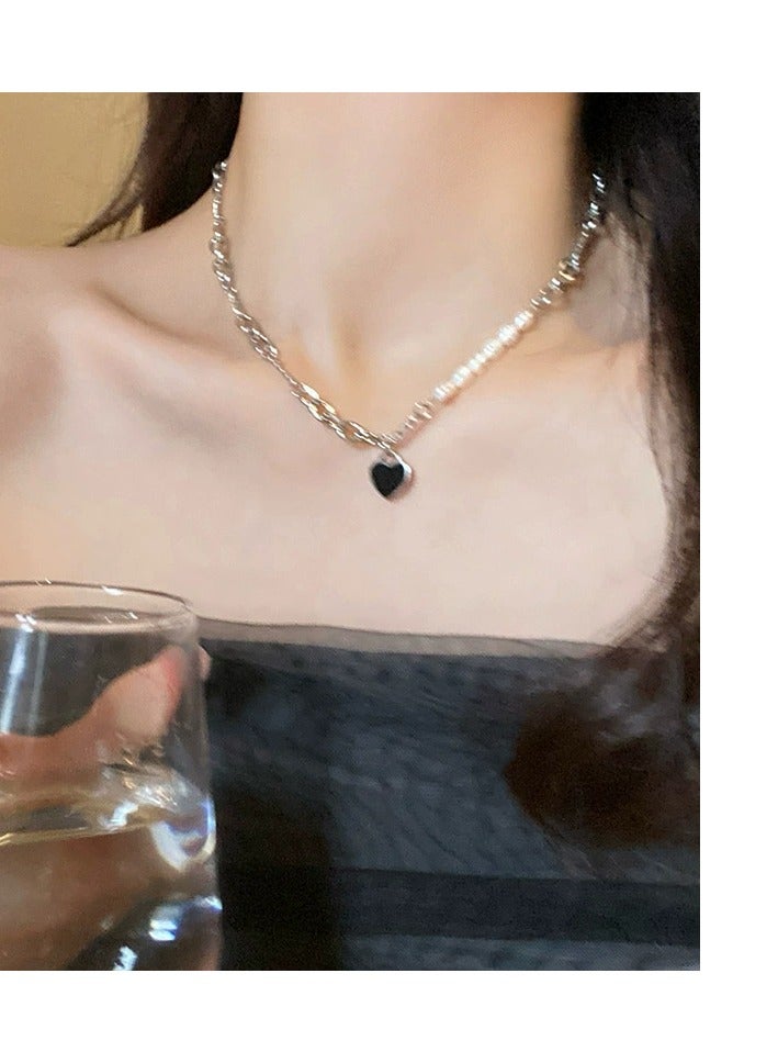 Goolsky قلادة باندنت قلب أسود و لؤلؤ طبيعي - طوق دقيق مع مشبك OT للنساء، أسلوب أنيق بونك، ملابس الشارع - Image 3