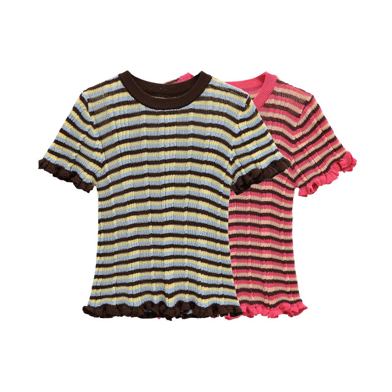 Clothing Popular Design Knitted Stripesd Short-Sleeved T-Shirt - Image 2
