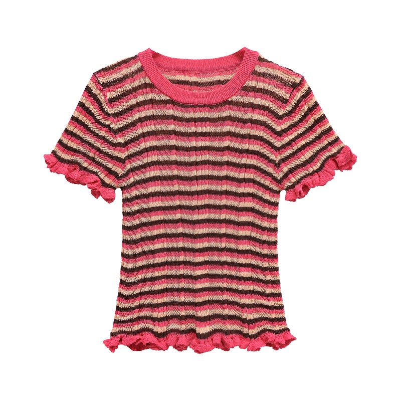Clothing Popular Design Knitted Stripesd Short-Sleeved T-Shirt - Image 3