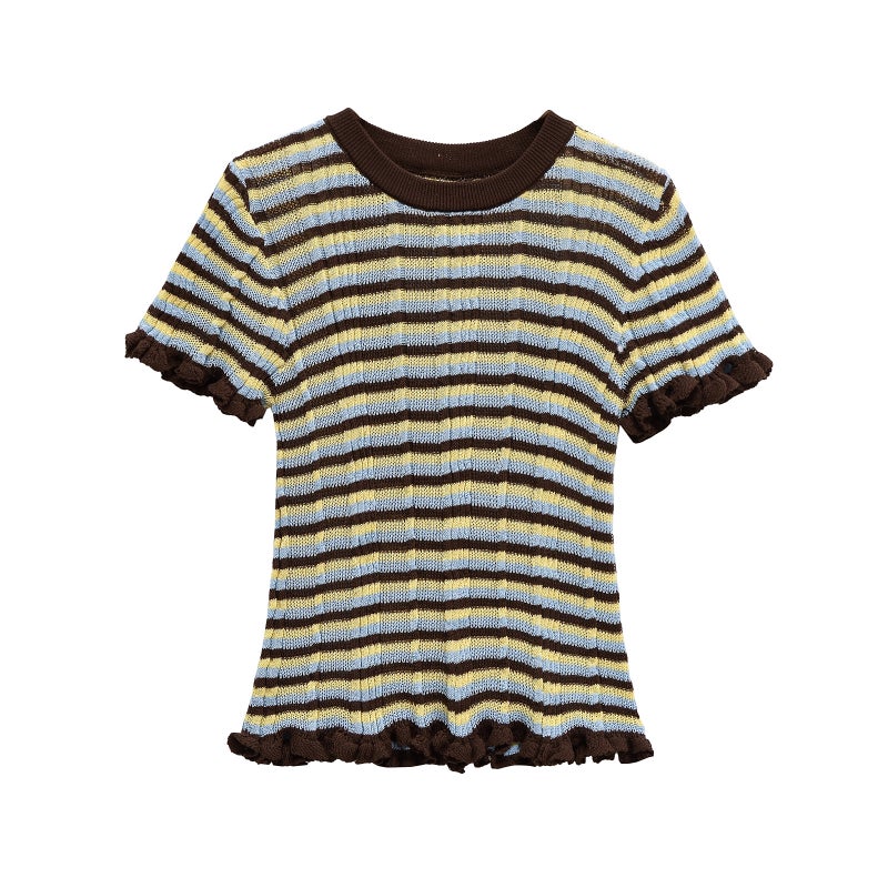 Clothing Popular Design Knitted Stripesd Short-Sleeved T-Shirt - Image 4