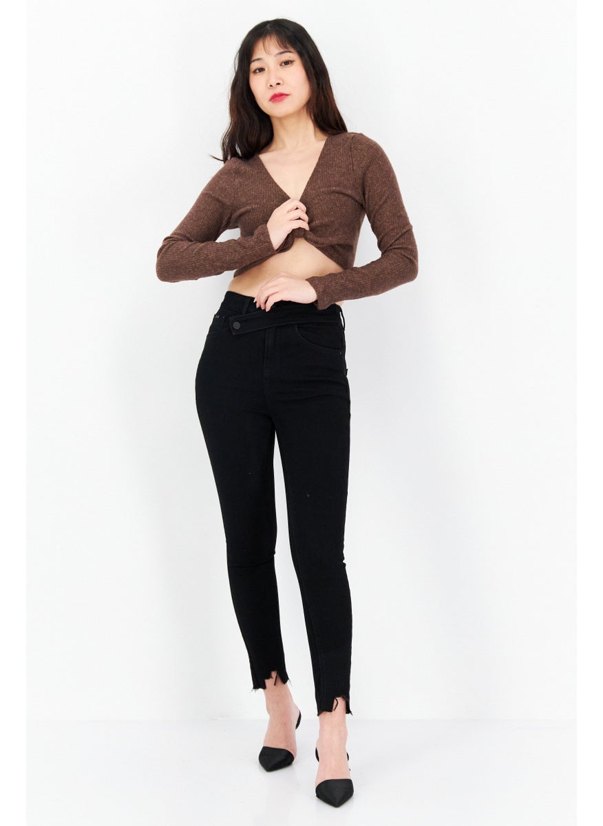 Endless Blu - Women V-Neck Long Sleeves Knitted Top, Brown - Image 1