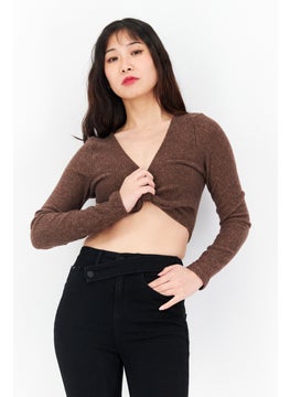 Women V-Neck Long Sleeves Knitted Top, Brown