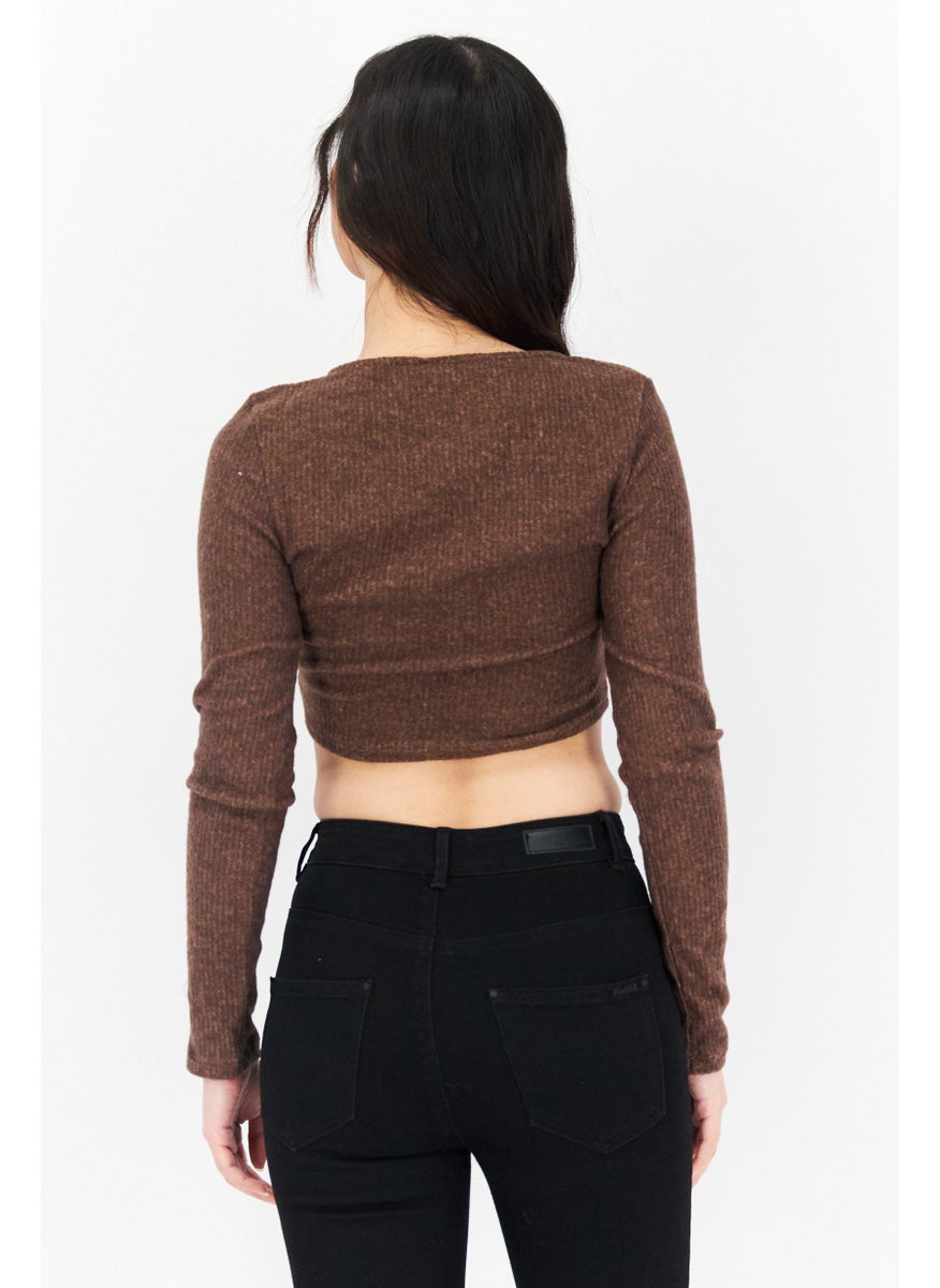 Endless Blu - Women V-Neck Long Sleeves Knitted Top, Brown - Image 1