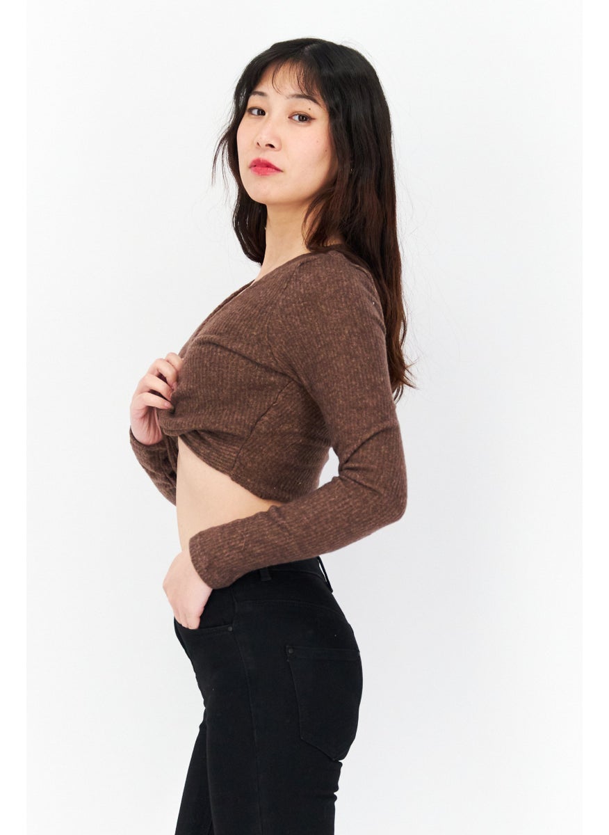 Endless Blu - Women V-Neck Long Sleeves Knitted Top, Brown - Image 1