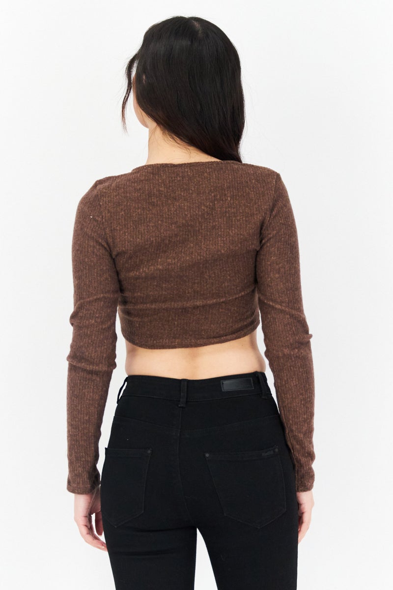 Endless Blu Women V-Neck Long Sleeves Knitted Top, Brown - Image 4