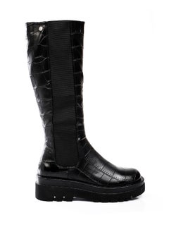 croc-embossed elastic side paneled high boots