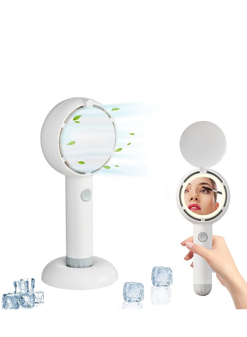 SYOSI Mini Handheld Fan Multi-Functional Portable Personal Fan Battery Operated Rechargeable Fan with LED Light Makeup Mirror 3 Speeds Adjustable Desk Fan with Base for Home Office Outdoor - Image 1