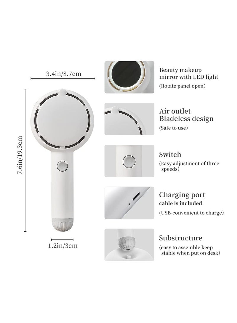 SYOSI Mini Handheld Fan Multi-Functional Portable Personal Fan Battery Operated Rechargeable Fan with LED Light Makeup Mirror 3 Speeds Adjustable Desk Fan with Base for Home Office Outdoor - Image 4