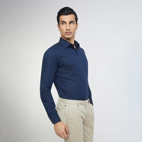 Raymond Men's Slim Fit Cotton Semi Cut Away Collar Solid Pattern Full Sleeve Dark Blue Shirt - Image 2