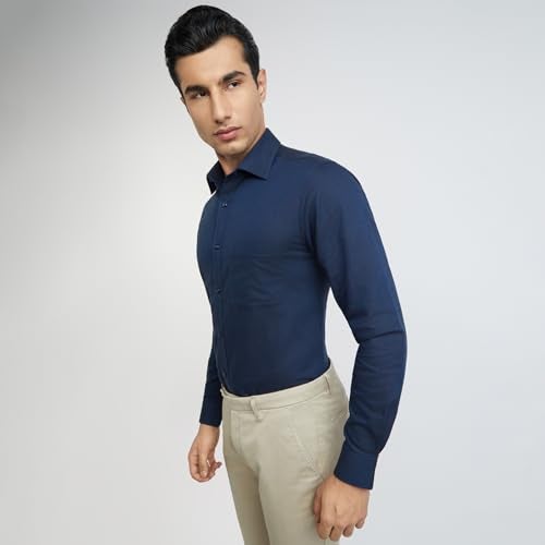 Raymond Men's Slim Fit Cotton Semi Cut Away Collar Solid Pattern Full Sleeve Dark Blue Shirt - Image 3