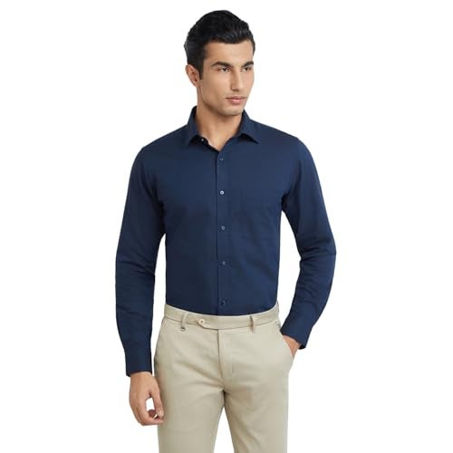 Raymond Men's Slim Fit Cotton Semi Cut Away Collar Solid Pattern Full Sleeve Dark Blue Shirt - Image 1