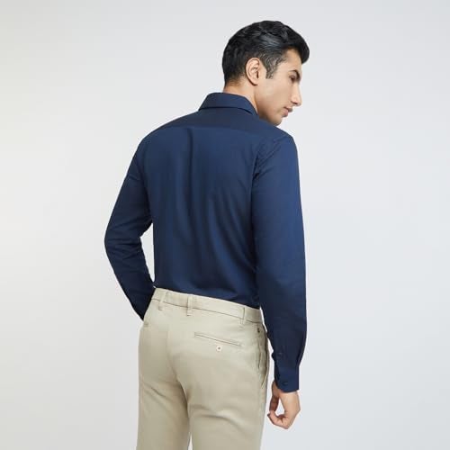Raymond Men's Slim Fit Cotton Semi Cut Away Collar Solid Pattern Full Sleeve Dark Blue Shirt - Image 4