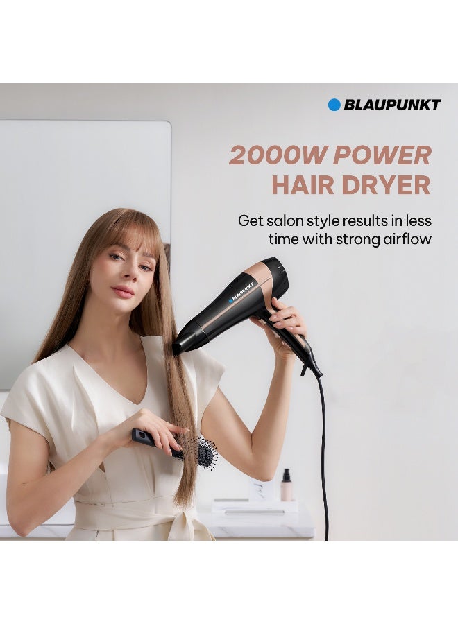 Blaupunkt Hair Dryer 2000W – Ionic Function, 3 Heat & 2 Speed Settings, Cool Shot, Diffuser & Concentrator Attachments, Lightweight Design, Fast Drying, Frizz Control, 2-Year Warranty – SDL425BK - Image 2