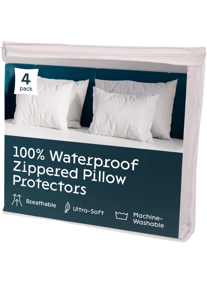 4 Pack Waterproof Pillow Protectors King 20X36 Inches Smooth Zipper Premium Encasement Covers Quiet Cases Set White  - Image 1