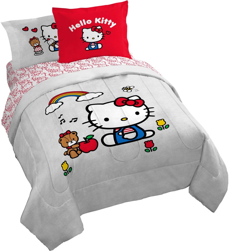 Jay Franco Sanrio Hello Kitty Queen Size Comforter Set - 7 Piece Red & Grey Bedding Includes Sheet Set & Pillow Covers - Super Soft Cozy Kawaii Bedding - Image 1