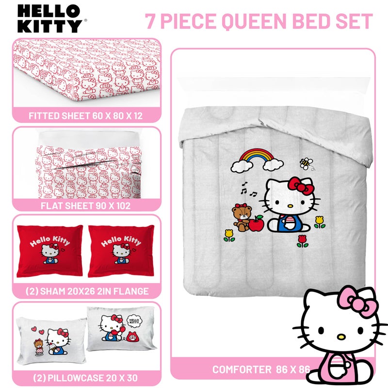 Jay Franco Sanrio Hello Kitty Queen Size Comforter Set - 7 Piece Red & Grey Bedding Includes Sheet Set & Pillow Covers - Super Soft Cozy Kawaii Bedding - Image 3
