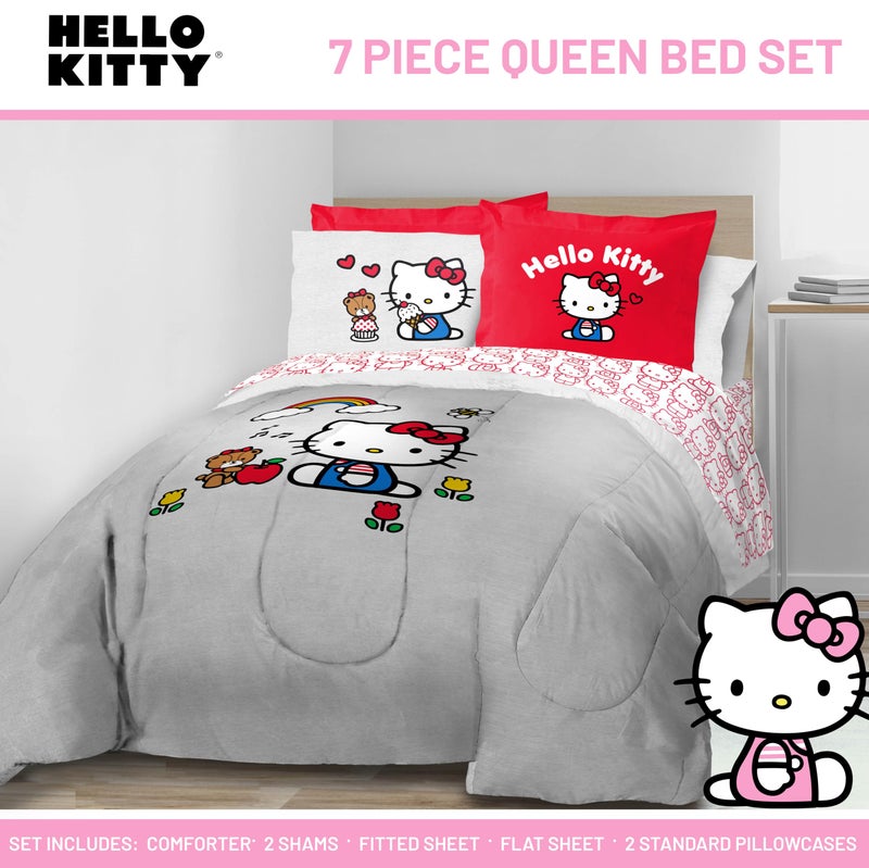Jay Franco Sanrio Hello Kitty Queen Size Comforter Set - 7 Piece Red & Grey Bedding Includes Sheet Set & Pillow Covers - Super Soft Cozy Kawaii Bedding - Image 2