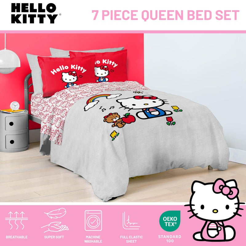 Jay Franco Sanrio Hello Kitty Queen Size Comforter Set - 7 Piece Red & Grey Bedding Includes Sheet Set & Pillow Covers - Super Soft Cozy Kawaii Bedding - Image 4