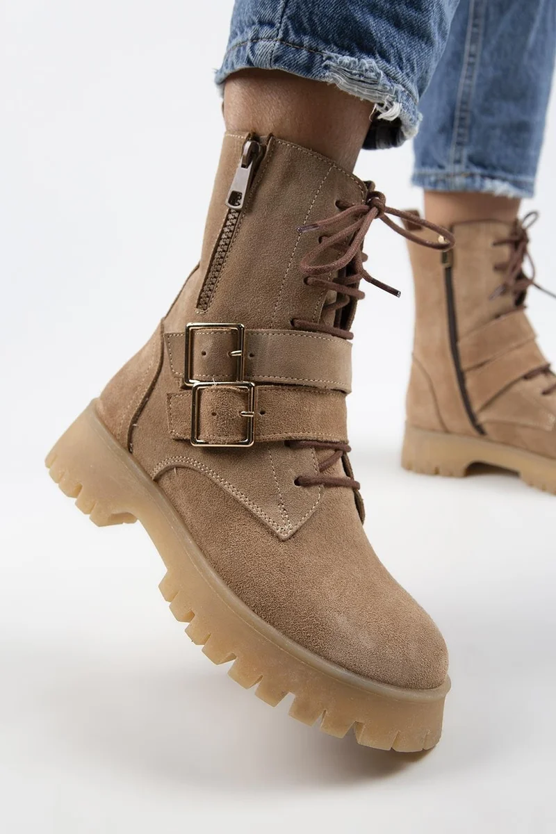 Manijero Manijero Hannah Women's Genuine Leather Lace-up Zipper Buckle Sand Suede Boots
