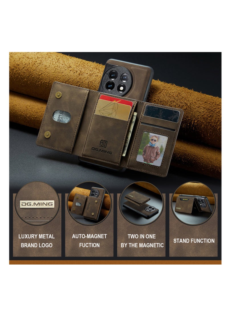 DGMING Wallet Case for OnePlus 11, DG.MING Premium Leather Phone Case Back Cover Magnetic Detachable with Trifold Wallet Card Holder Pocket (Brown) - Image 3