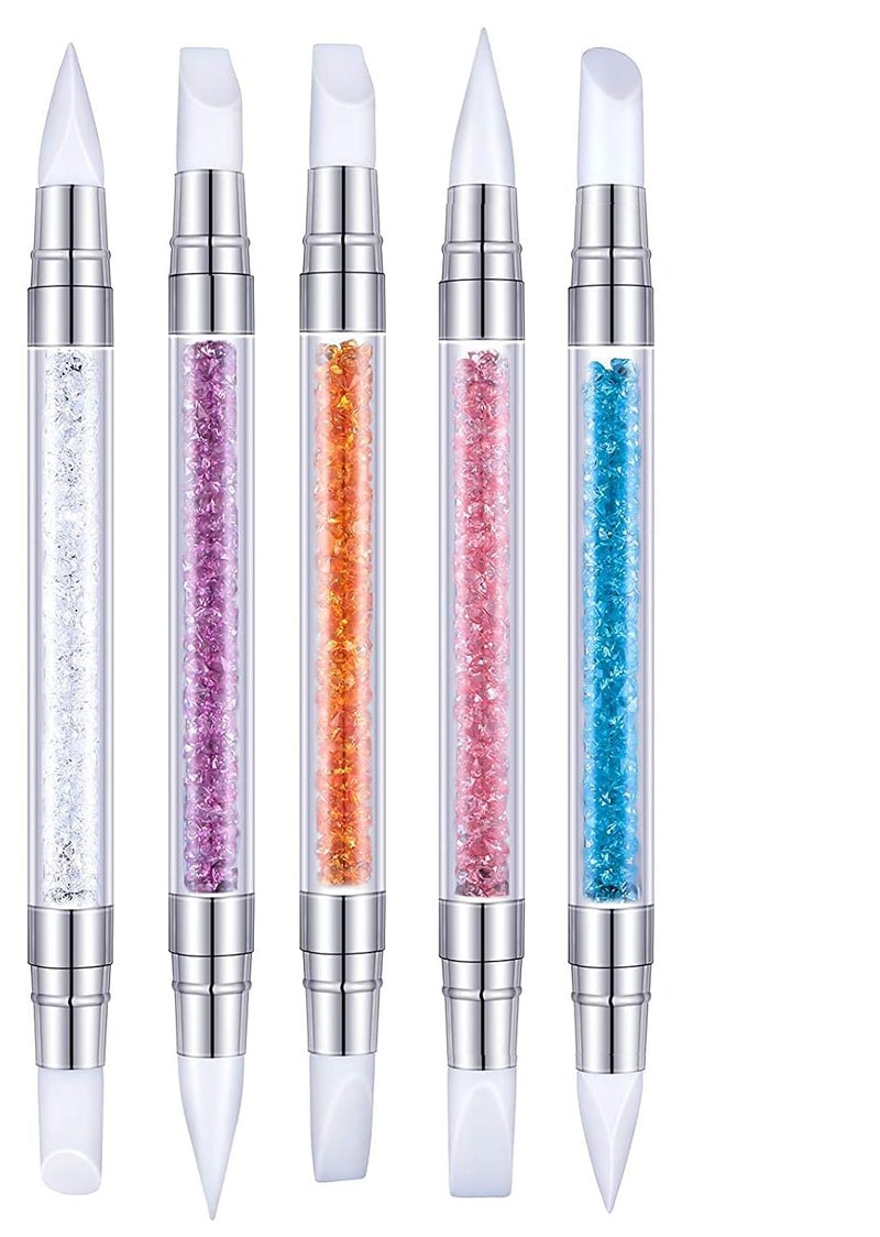 SKINPLUS Nail Art Acrylic Pen Dual Tipped Silicone Rhinestone Nail Polish Carving Pen Silicone Head Acrylic Handle Nail Art Brushes Manicure DIY Brush Dotting Tools for Home Salon (5 Pcs) - Image 1
