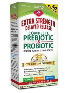 Olympian Labs Extra Strength Complete Prebiotic and Probiotic Supplement - 50 Billion Live Shelf Stable Cultures - 30 Vegetarian Capsules  - Image 1