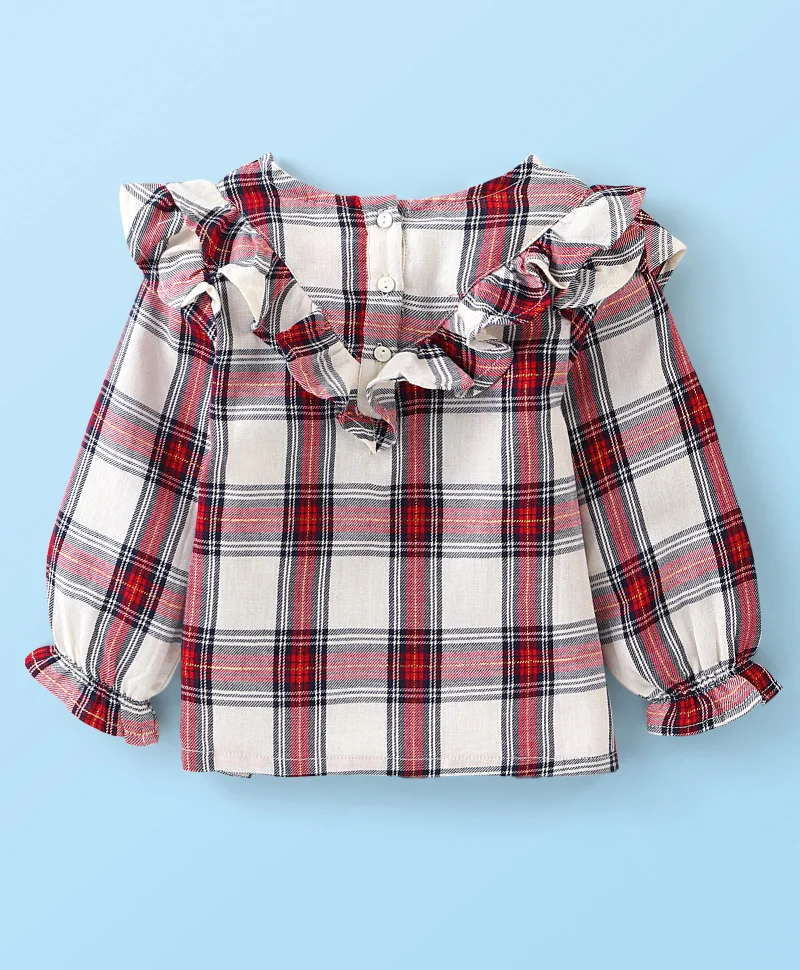 babyhug Babyhug 100% Cotton Woven Lurex Full Sleeves Checks with Frill Detailing Top - Offwhite & Red