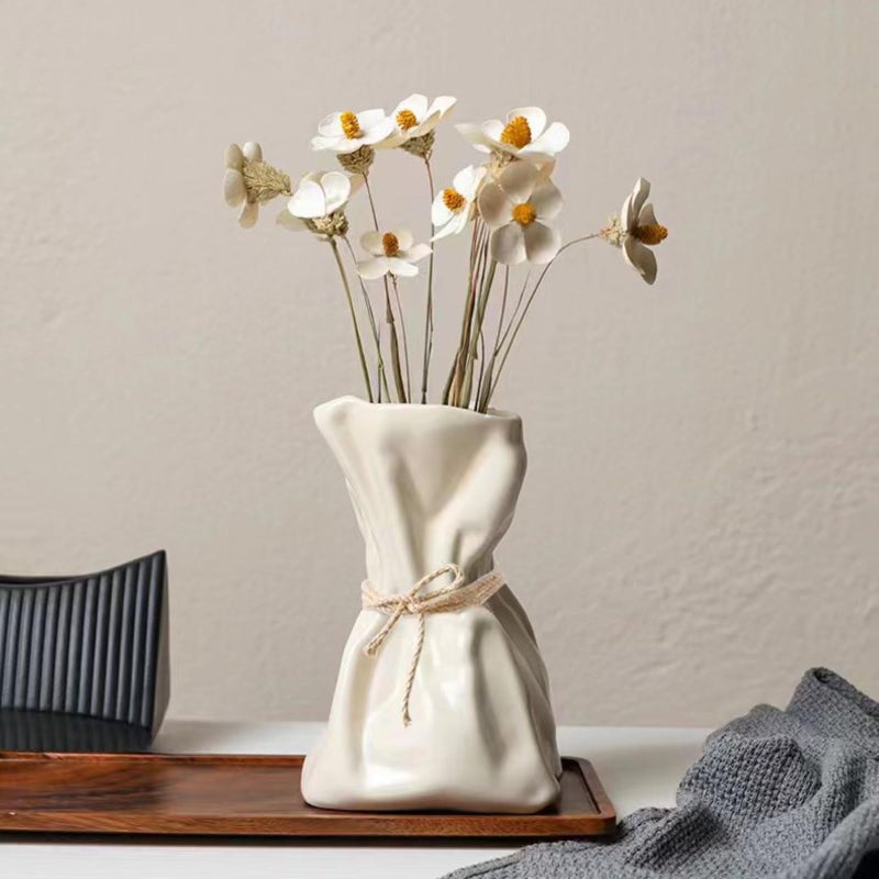 FOWSEEK 7.5IN White Ceramic Vase, Irregular Flower Vase Modern Art Decorative Vase for Flowers, Unique Paper Bag Vase for Home Office Centerpieces Entryway Bookshelf Living Room Table Decor - Image 1