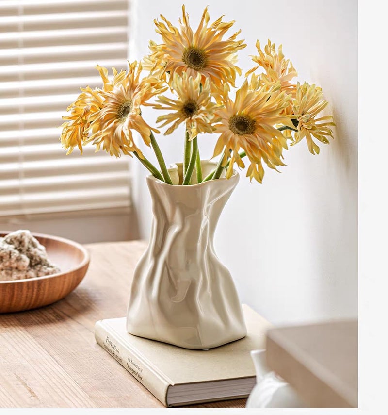 FOWSEEK 7.5IN White Ceramic Vase, Irregular Flower Vase Modern Art Decorative Vase for Flowers, Unique Paper Bag Vase for Home Office Centerpieces Entryway Bookshelf Living Room Table Decor - Image 5