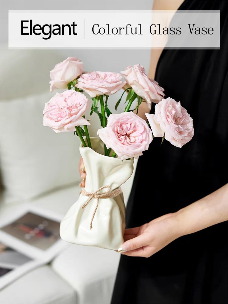 FOWSEEK 7.5IN White Ceramic Vase, Irregular Flower Vase Modern Art Decorative Vase for Flowers, Unique Paper Bag Vase for Home Office Centerpieces Entryway Bookshelf Living Room Table Decor - Image 4