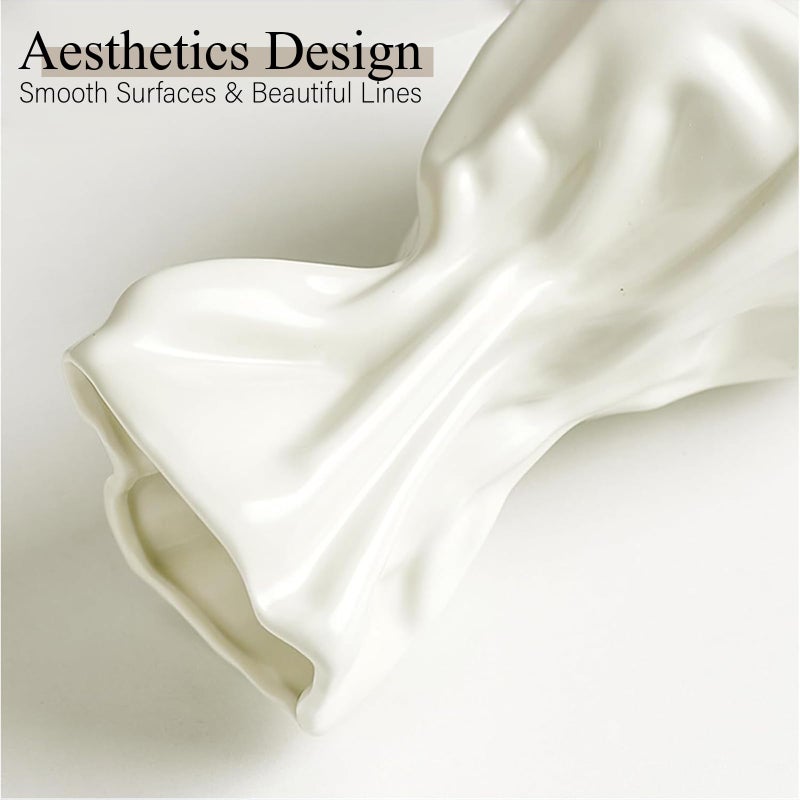 FOWSEEK 7.5IN White Ceramic Vase, Irregular Flower Vase Modern Art Decorative Vase for Flowers, Unique Paper Bag Vase for Home Office Centerpieces Entryway Bookshelf Living Room Table Decor - Image 3