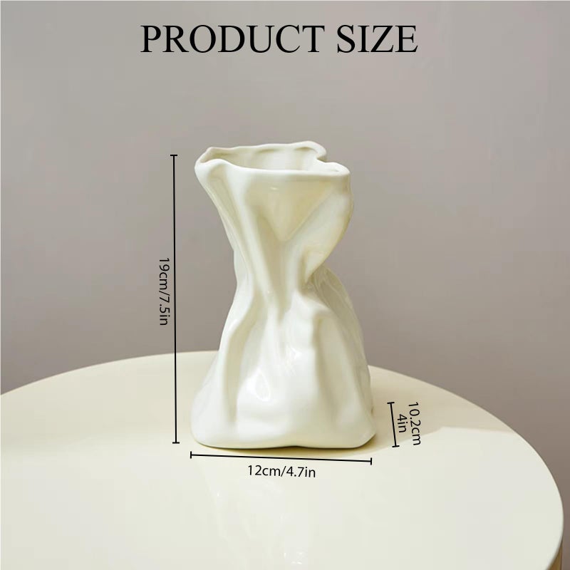 FOWSEEK 7.5IN White Ceramic Vase, Irregular Flower Vase Modern Art Decorative Vase for Flowers, Unique Paper Bag Vase for Home Office Centerpieces Entryway Bookshelf Living Room Table Decor - Image 2