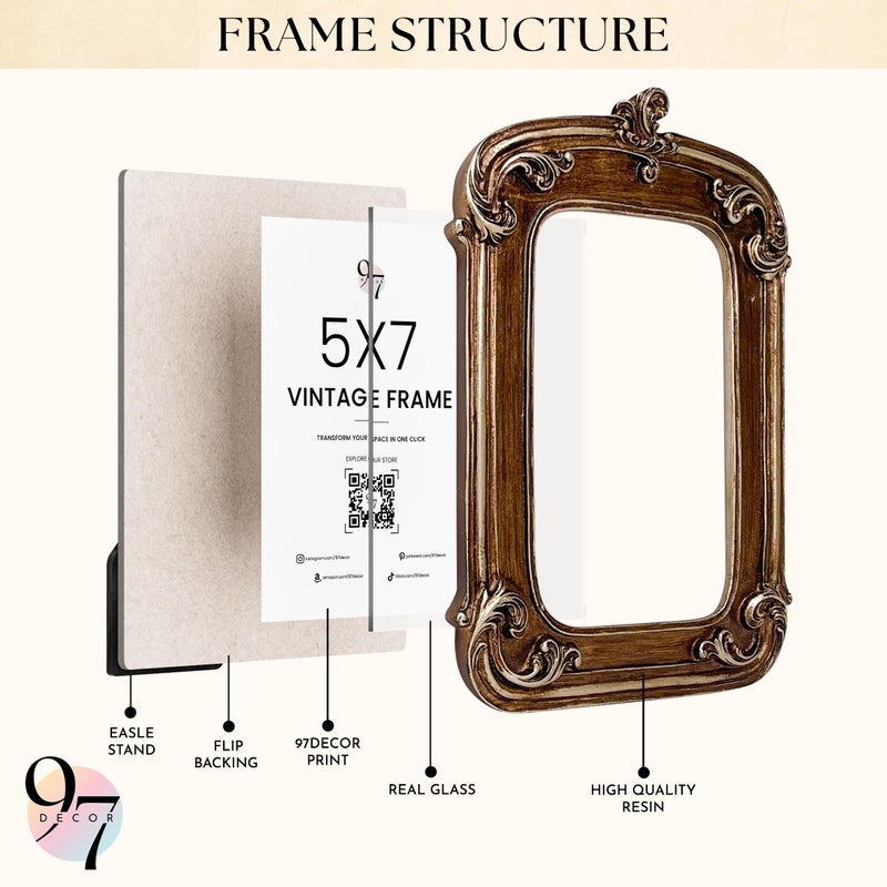 97 Decor 5x7 Vintage Picture Frame - 5x7 Picture Frames Antique  Ornate Gold Frame 5 x 7  Small 5 x 7 Picture Frames Wall Hanging For Home Decor - Image 3