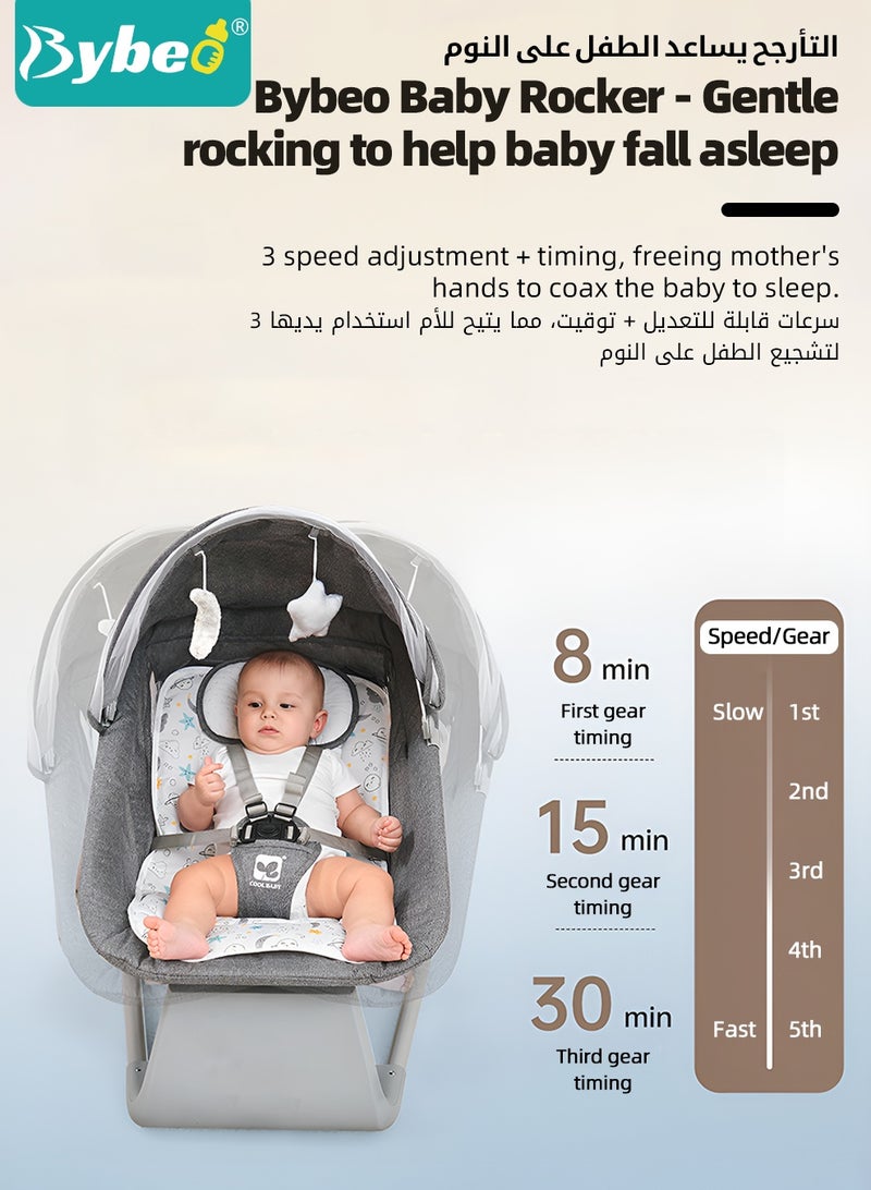 Bybeo Baby Swing for Infant with a Dining Table, Portable Babies Rocker Chair, Electric Bouncer for Infants Boys Girls, 3 Seat Positions 5 Speeds, Bluetooth Music, 5 Point Harness Belt and Remote Control  - Image 2