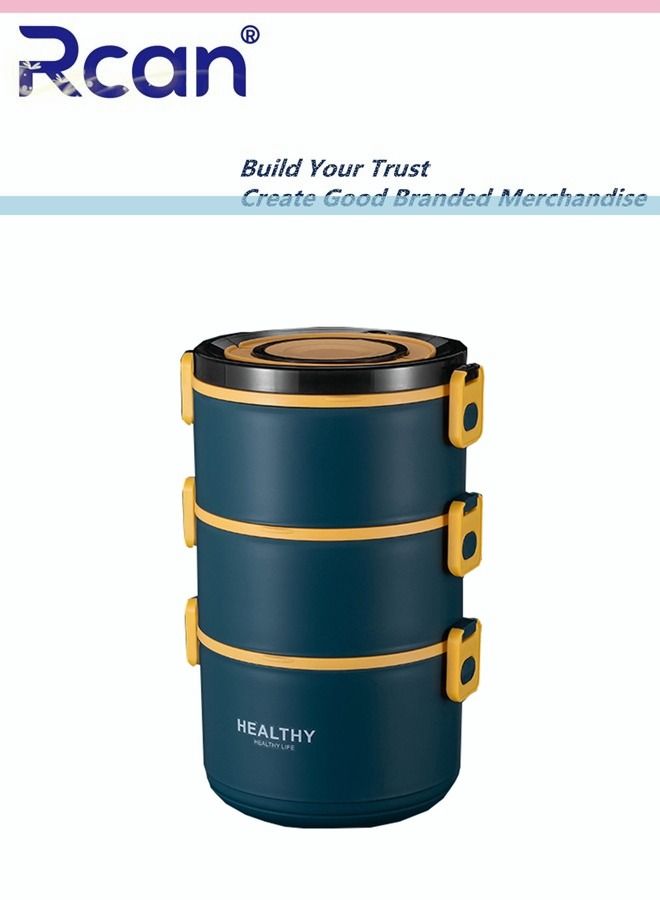 Large Capacity Round Three Layer Lunch Box for Men Women Office Kids With Handle Tableware Portable Sealed Insulated Leak proof Bento Box On-the-Go Meal and Fruit Container Blue